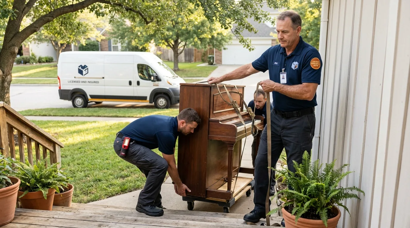 Licensed piano movers securing grand piano in Mill Valley, CA